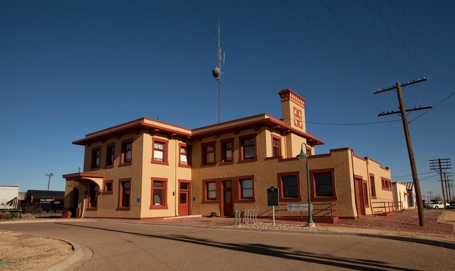 The restored 1912 Harvey House beside the railway tracks in Slaton, Texas