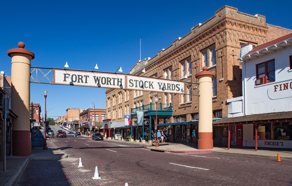 The Fort Worth Stock Yards sign over Exchange Avenue in the historic Stockyards district