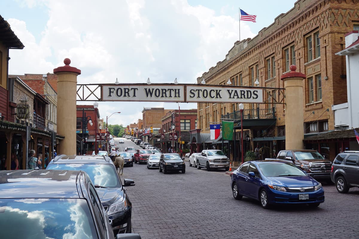 Exchange Avenue and its historic brick buildings in the Fort Worth Stockyards